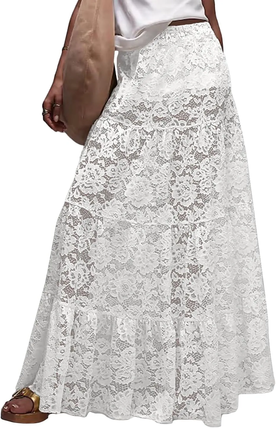 Women Aesthetic Sheer Floral Lace A Line Maxi Skirt See Through Elastic Low Waist Tiered Ruffle Hem Long Skirts