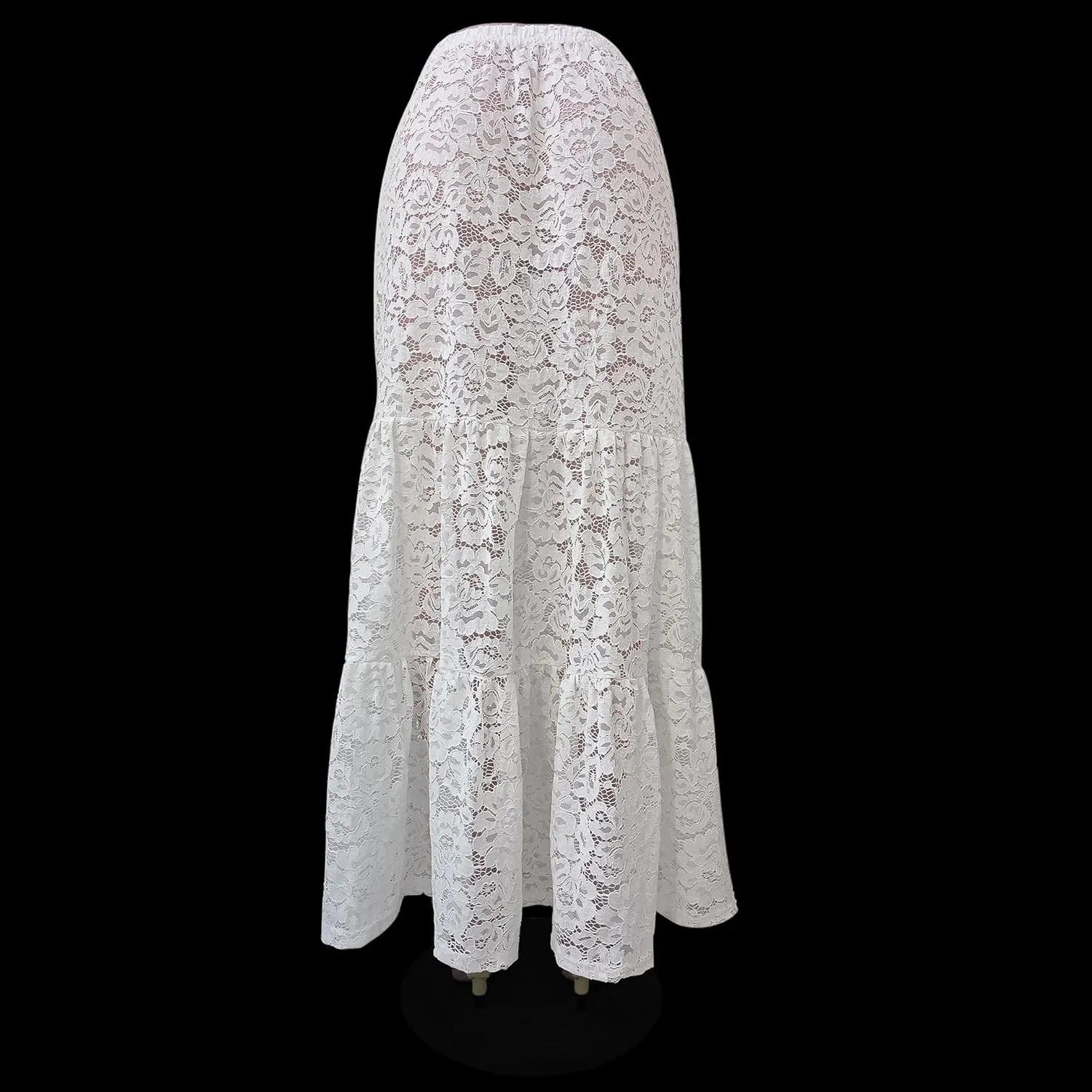 Women Aesthetic Sheer Floral Lace A Line Maxi Skirt See Through Elastic Low Waist Tiered Ruffle Hem Long Skirts