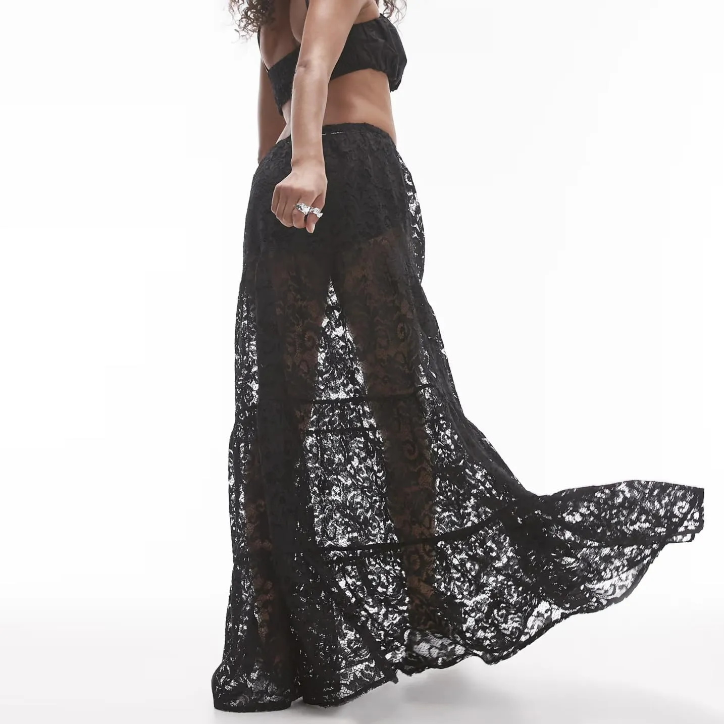 Women Aesthetic Sheer Floral Lace A Line Maxi Skirt See Through Elastic Low Waist Tiered Ruffle Hem Long Skirts