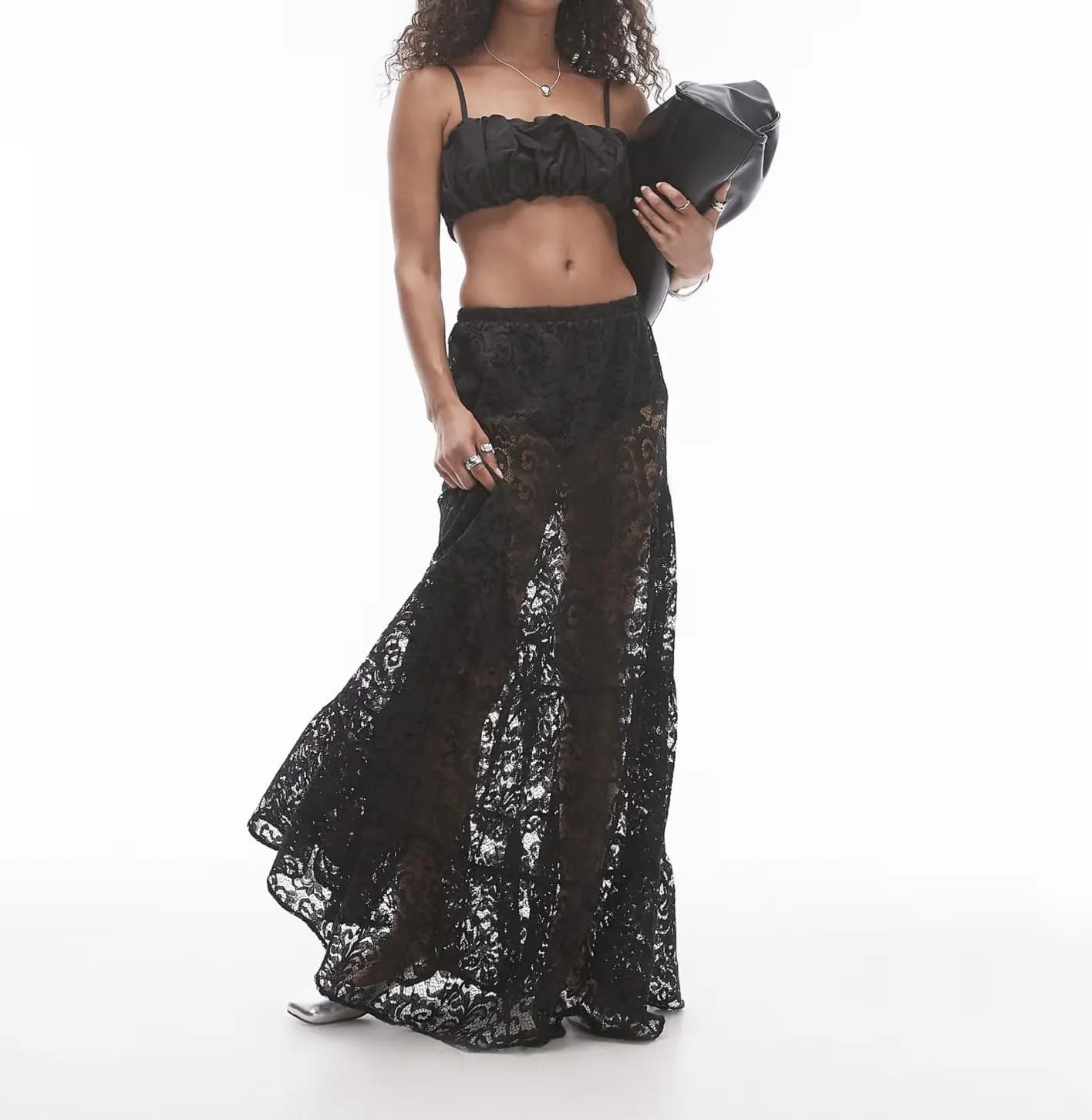 Women Aesthetic Sheer Floral Lace A Line Maxi Skirt See Through Elastic Low Waist Tiered Ruffle Hem Long Skirts