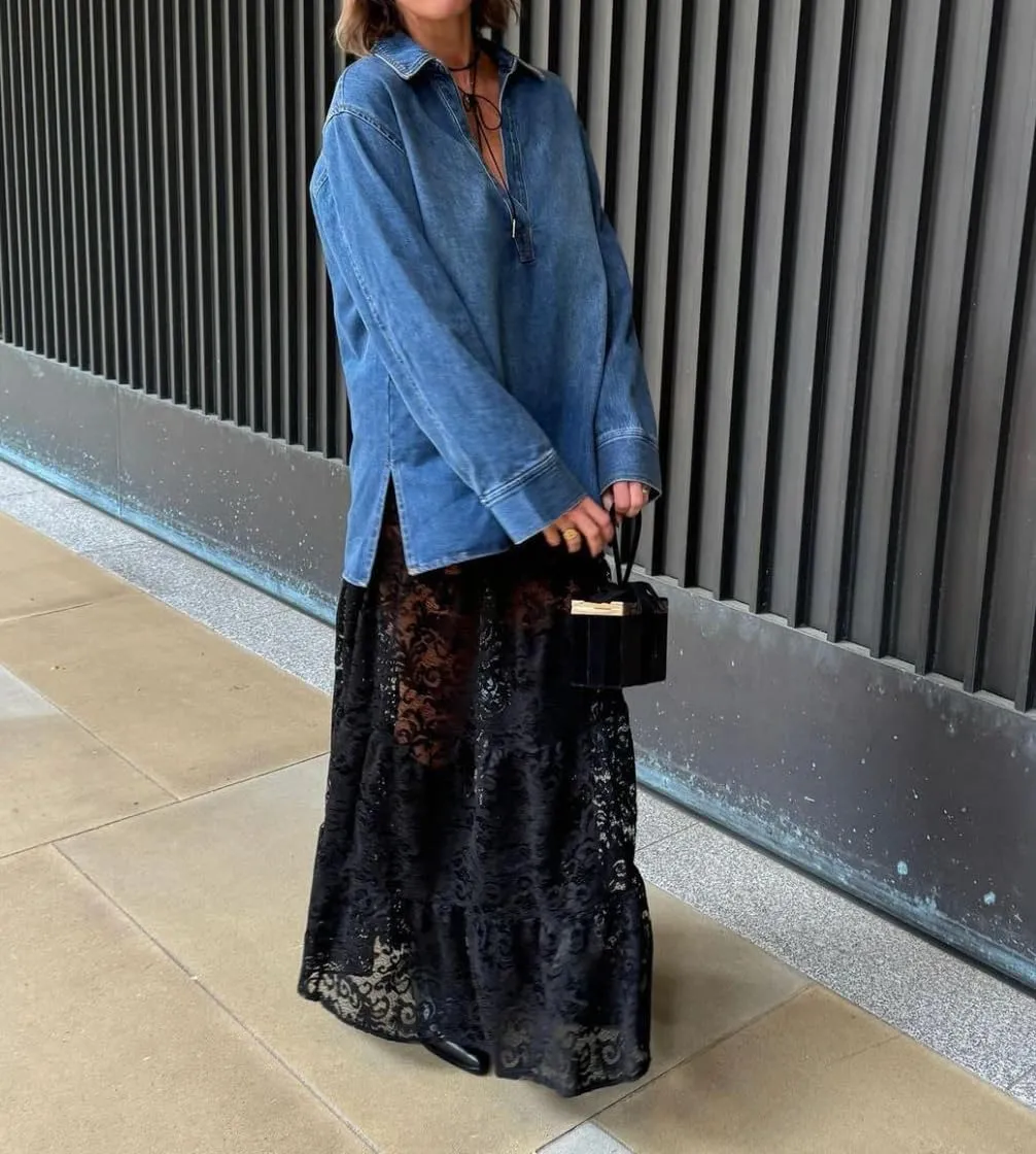 Women Aesthetic Sheer Floral Lace A Line Maxi Skirt See Through Elastic Low Waist Tiered Ruffle Hem Long Skirts