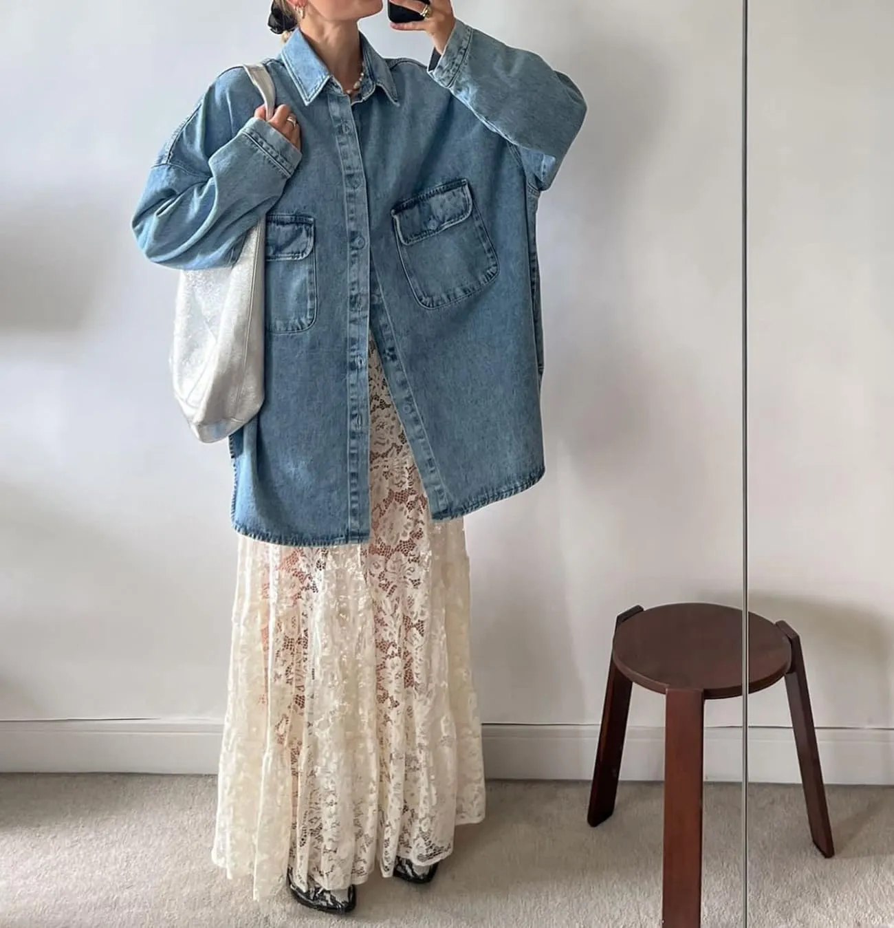 Women Aesthetic Sheer Floral Lace A Line Maxi Skirt See Through Elastic Low Waist Tiered Ruffle Hem Long Skirts