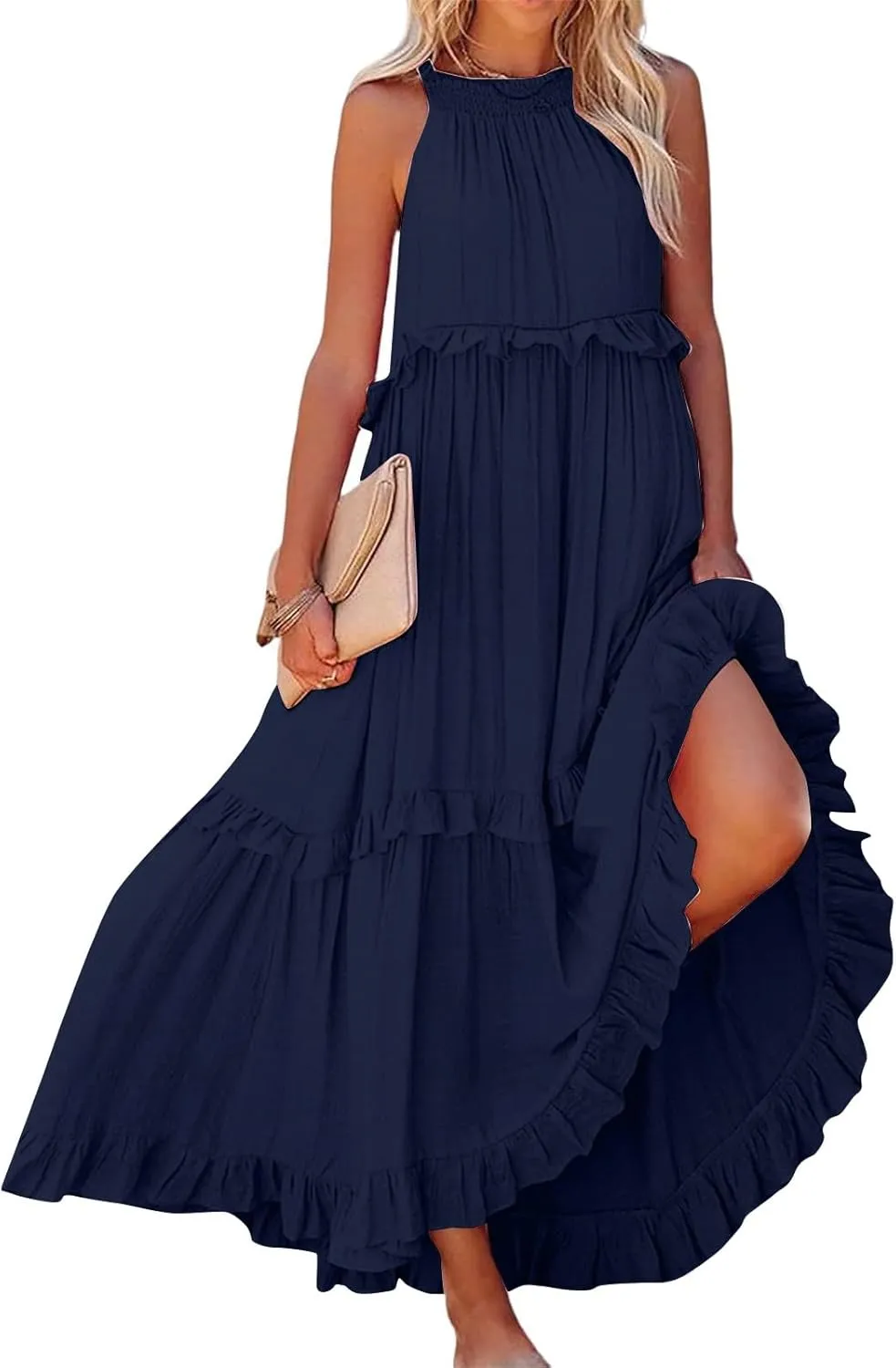 Women Boho Halter Maxi Dress Stretch Pleated Tiered Flowy Long Dress Ruffle Casual Beach Formal Dress Maternity Dress