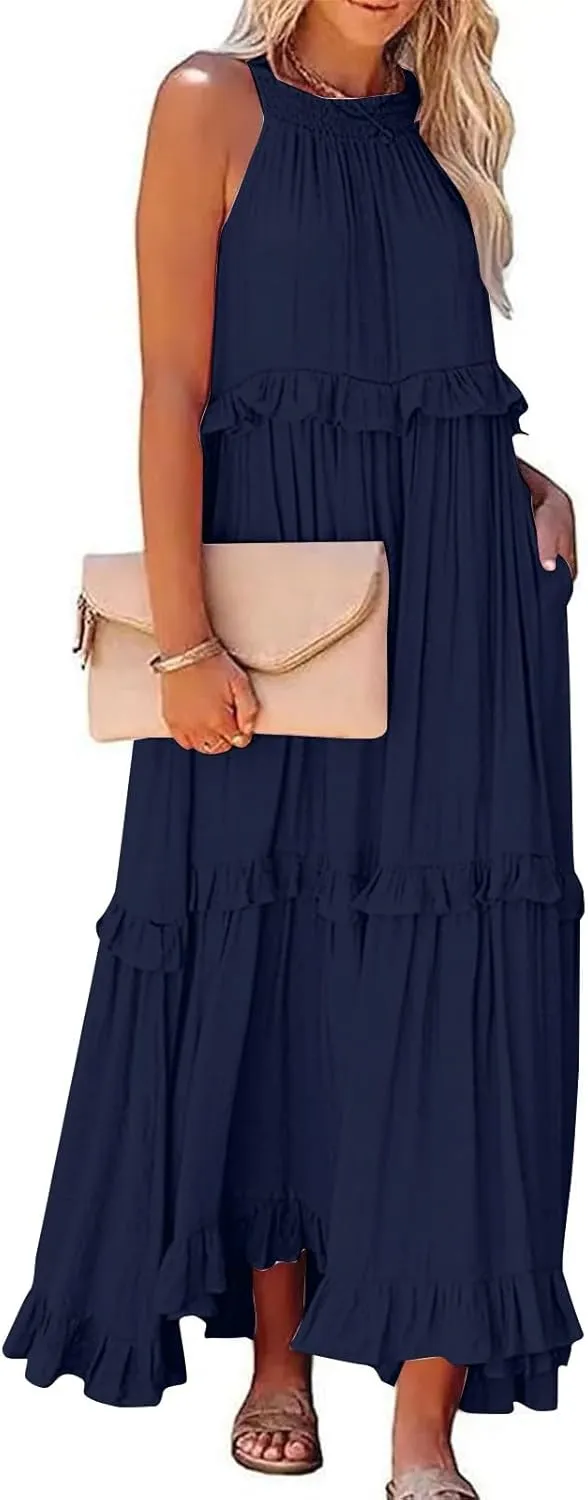 Women Boho Halter Maxi Dress Stretch Pleated Tiered Flowy Long Dress Ruffle Casual Beach Formal Dress Maternity Dress