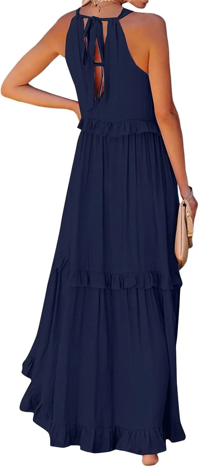 Women Boho Halter Maxi Dress Stretch Pleated Tiered Flowy Long Dress Ruffle Casual Beach Formal Dress Maternity Dress