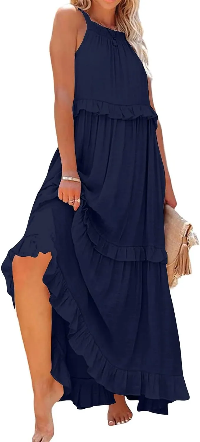 Women Boho Halter Maxi Dress Stretch Pleated Tiered Flowy Long Dress Ruffle Casual Beach Formal Dress Maternity Dress