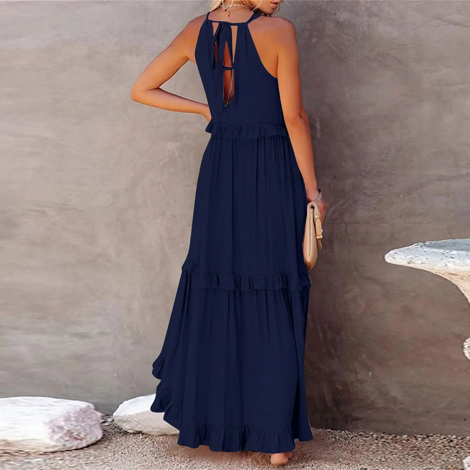Women Boho Halter Maxi Dress Stretch Pleated Tiered Flowy Long Dress Ruffle Casual Beach Formal Dress Maternity Dress