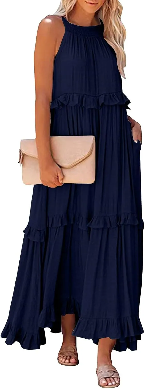 Women Boho Halter Maxi Dress Stretch Pleated Tiered Flowy Long Dress Ruffle Casual Beach Formal Dress Maternity Dress
