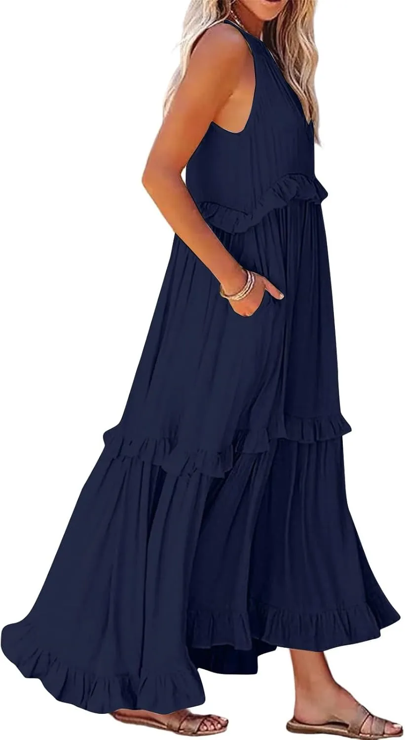 Women Boho Halter Maxi Dress Stretch Pleated Tiered Flowy Long Dress Ruffle Casual Beach Formal Dress Maternity Dress