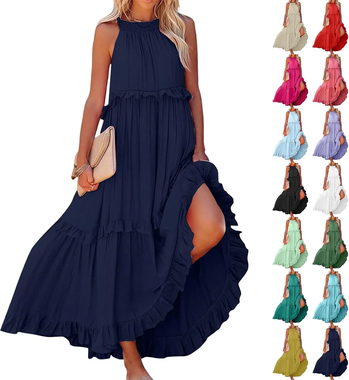Women Boho Halter Maxi Dress Stretch Pleated Tiered Flowy Long Dress Ruffle Casual Beach Formal Dress Maternity Dress