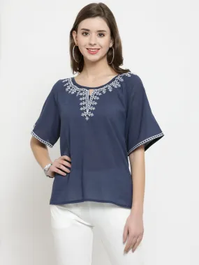 Women Navy Solid Round Embroidered Neck Top