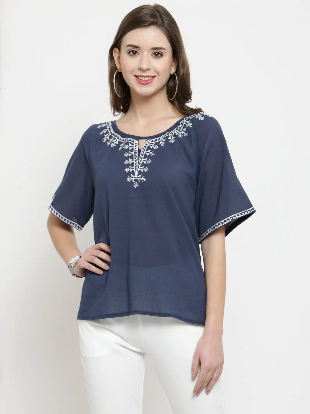 Women Navy Solid Round Embroidered Neck Top