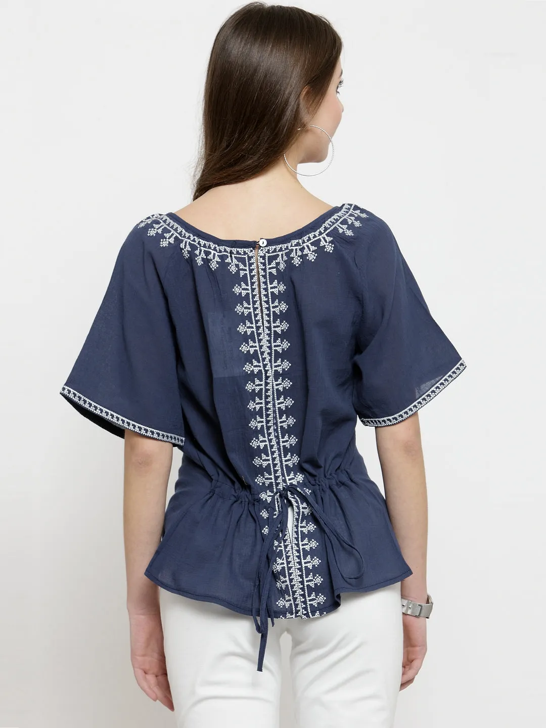 Women Navy Solid Round Embroidered Neck Top