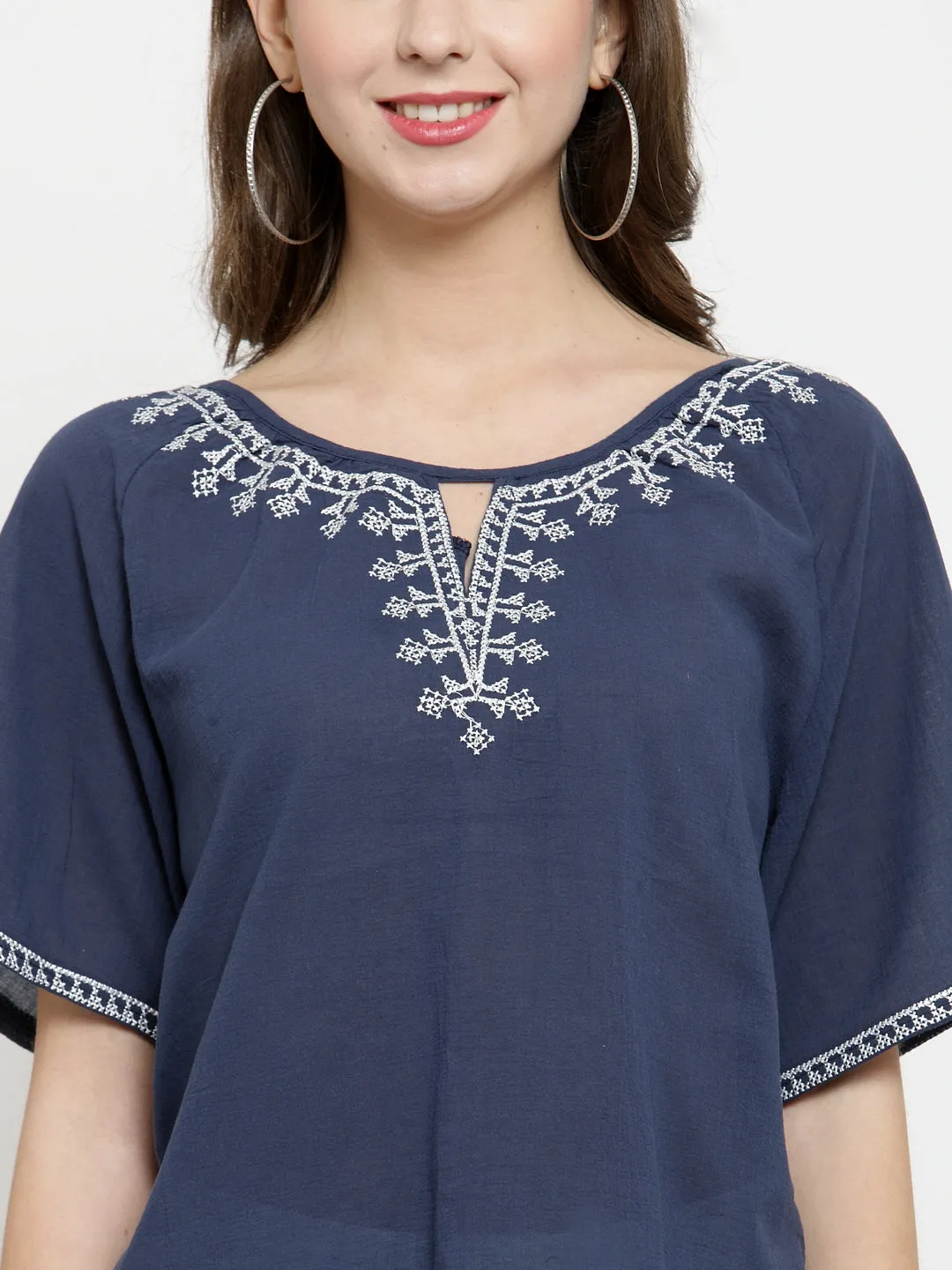 Women Navy Solid Round Embroidered Neck Top