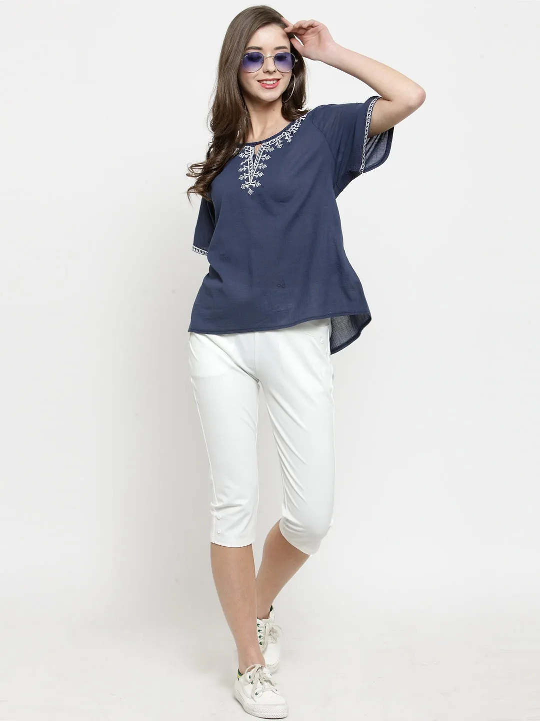 Women Navy Solid Round Embroidered Neck Top
