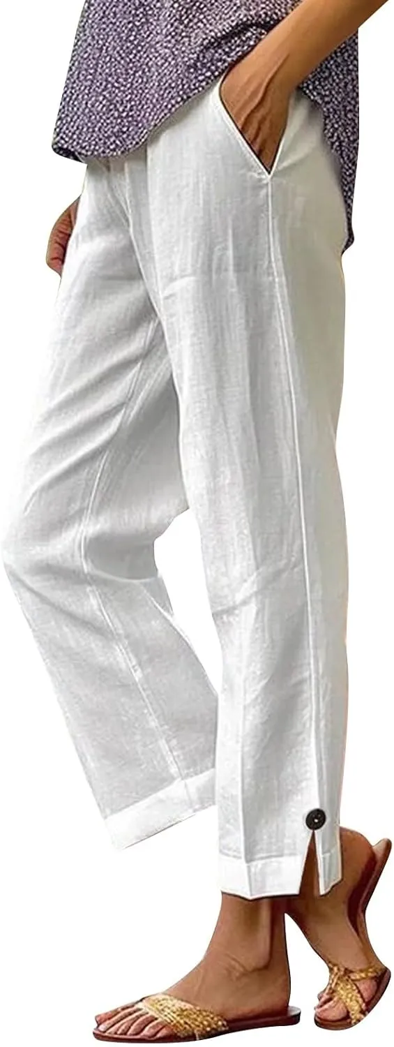 Women Pants Lounge Straight Leg Baggy Pants Casual Beach Elastic Waist Trousers with Pockets