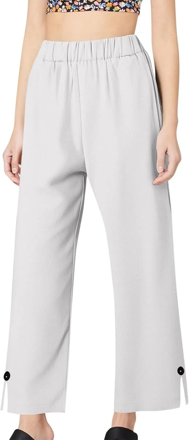 Women Pants Lounge Straight Leg Baggy Pants Casual Beach Elastic Waist Trousers with Pockets