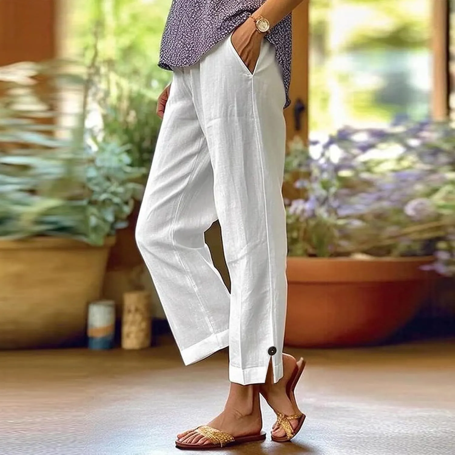 Women Pants Lounge Straight Leg Baggy Pants Casual Beach Elastic Waist Trousers with Pockets