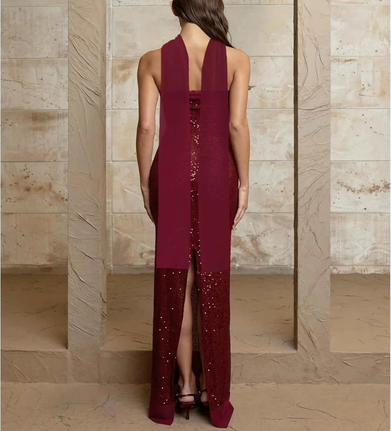 Women Sexy Strapless Sequin Long Dress with Scarf Y2k Glitter Bodycon Cocktail Evening Dress for Club Party