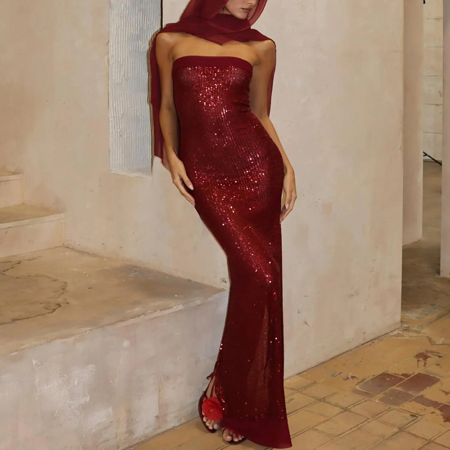 Women Sexy Strapless Sequin Long Dress with Scarf Y2k Glitter Bodycon Cocktail Evening Dress for Club Party