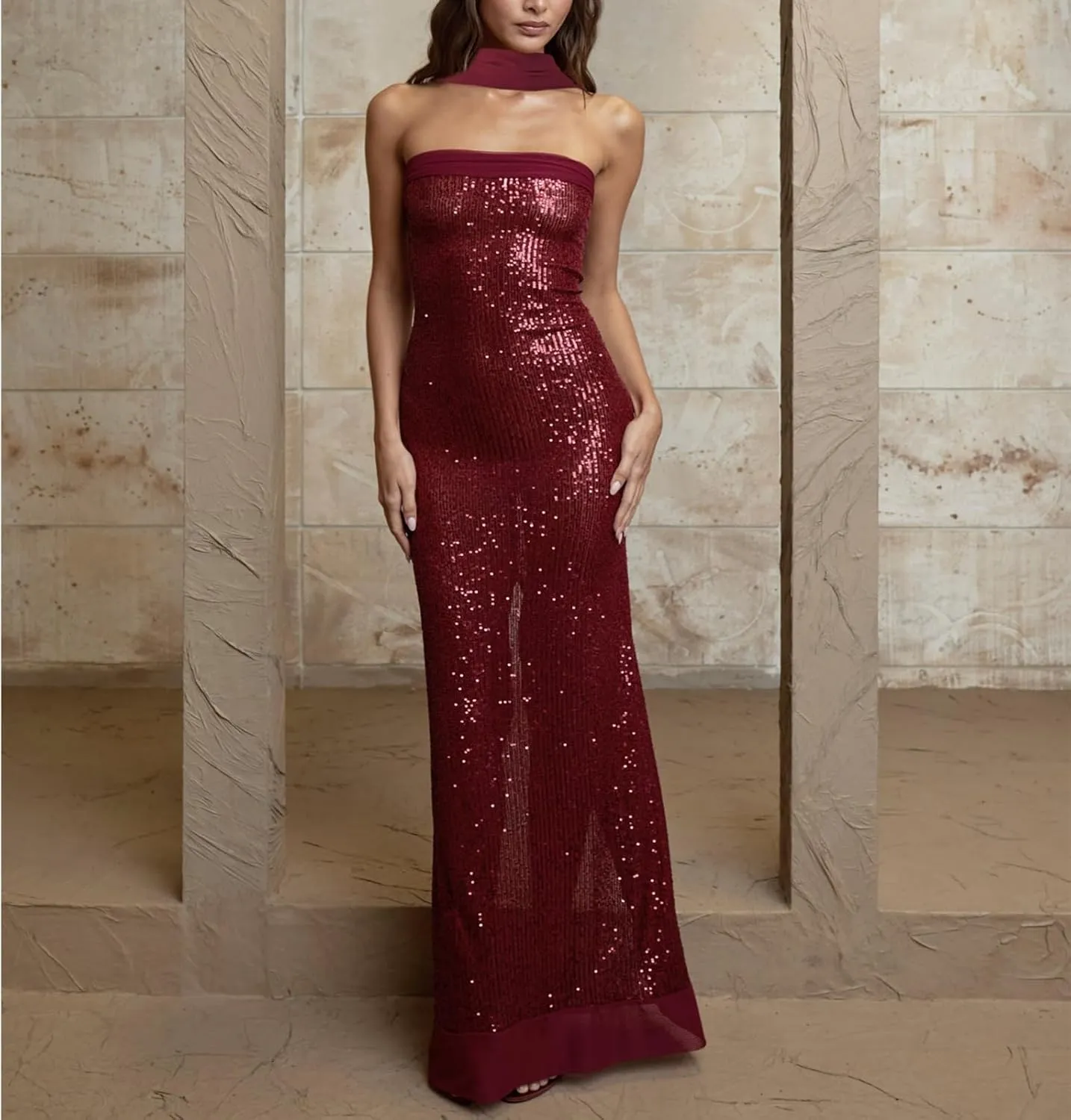 Women Sexy Strapless Sequin Long Dress with Scarf Y2k Glitter Bodycon Cocktail Evening Dress for Club Party