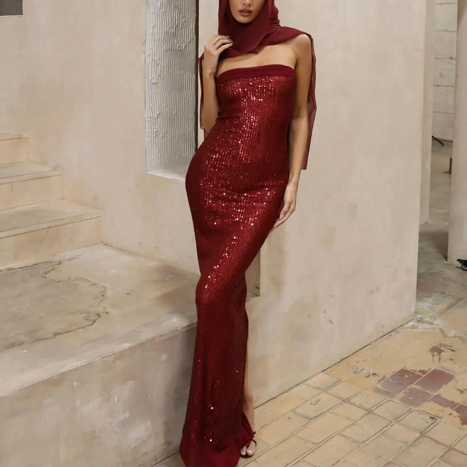 Women Sexy Strapless Sequin Long Dress with Scarf Y2k Glitter Bodycon Cocktail Evening Dress for Club Party