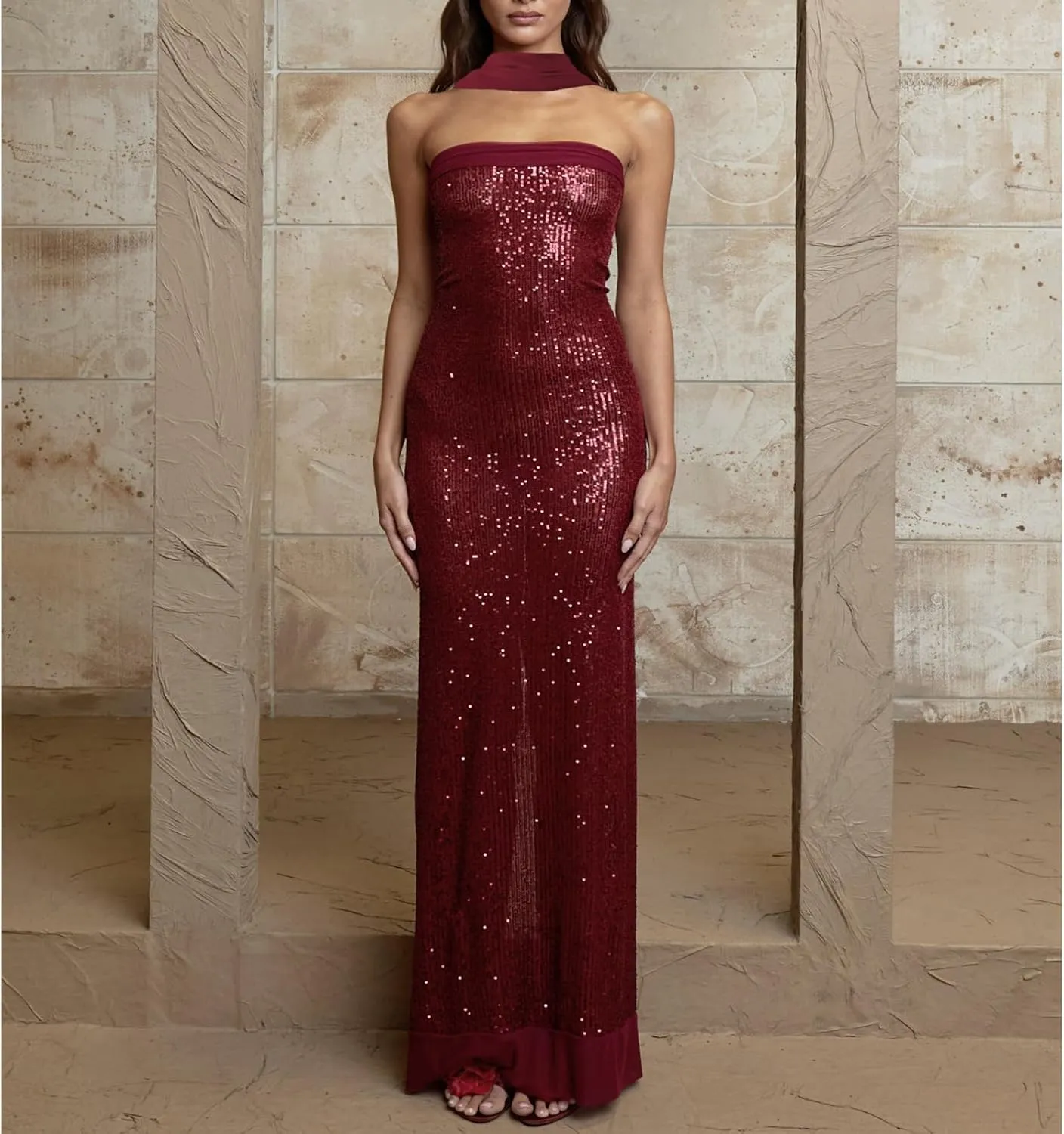 Women Sexy Strapless Sequin Long Dress with Scarf Y2k Glitter Bodycon Cocktail Evening Dress for Club Party