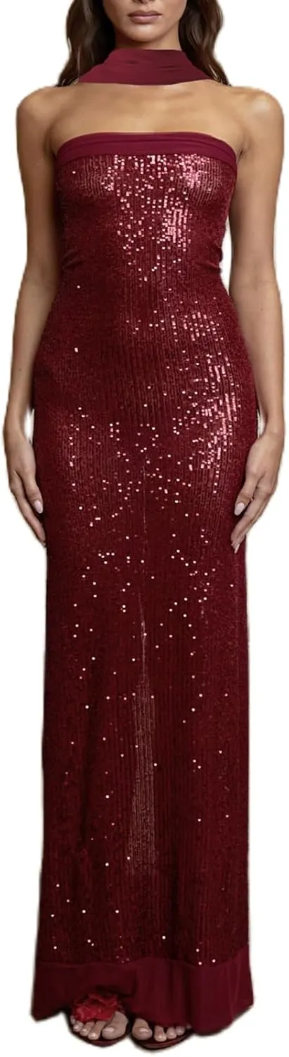 Women Sexy Strapless Sequin Long Dress with Scarf Y2k Glitter Bodycon Cocktail Evening Dress for Club Party