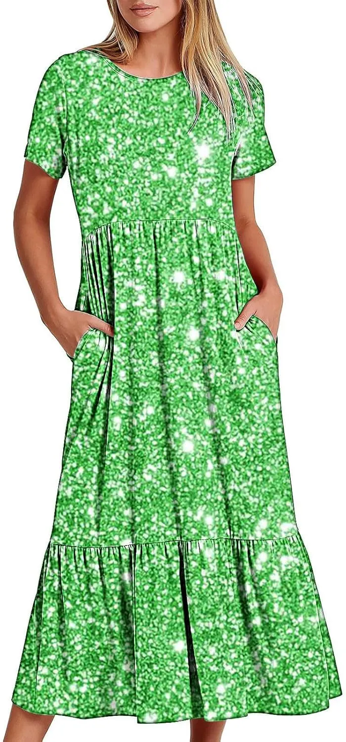 Women Sparkly Printed Cocktail Dresses Tiered Short Sleeve Crew Neck Ruched Elastic Waist Midi Dress with Pockets