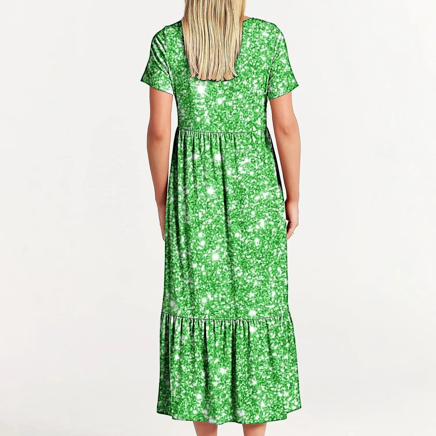 Women Sparkly Printed Cocktail Dresses Tiered Short Sleeve Crew Neck Ruched Elastic Waist Midi Dress with Pockets