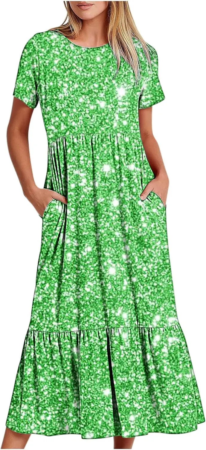 Women Sparkly Printed Cocktail Dresses Tiered Short Sleeve Crew Neck Ruched Elastic Waist Midi Dress with Pockets