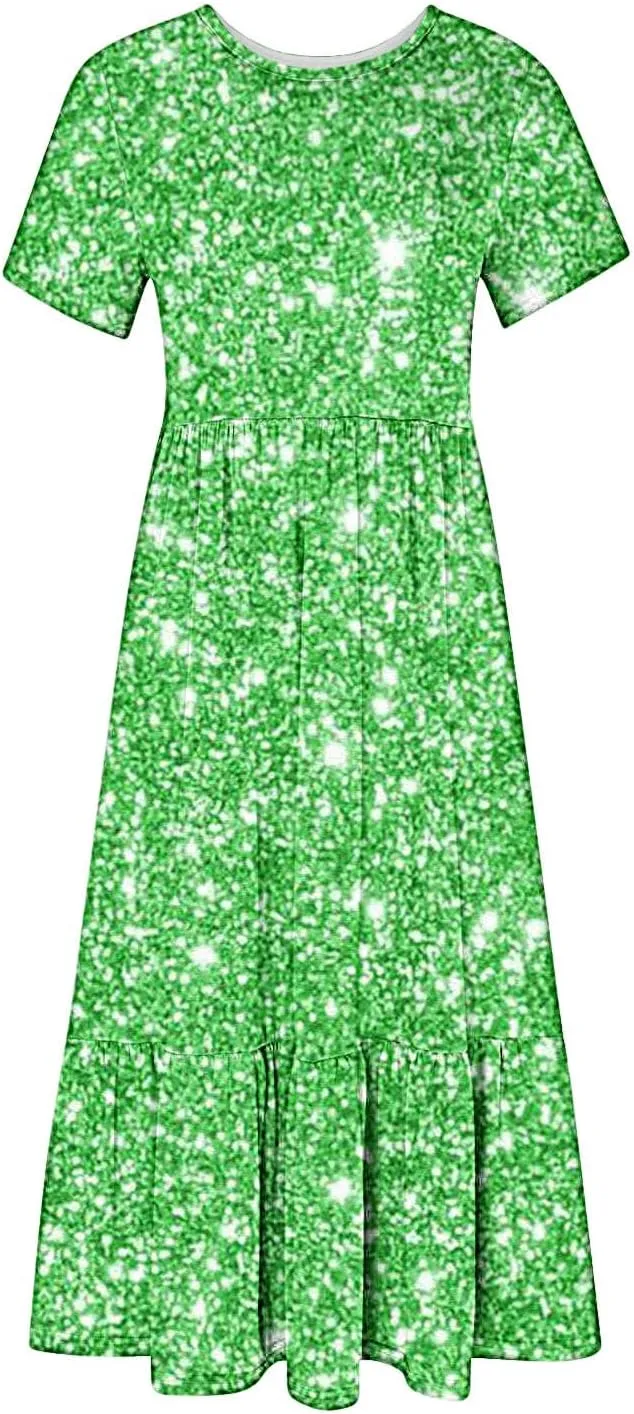 Women Sparkly Printed Cocktail Dresses Tiered Short Sleeve Crew Neck Ruched Elastic Waist Midi Dress with Pockets