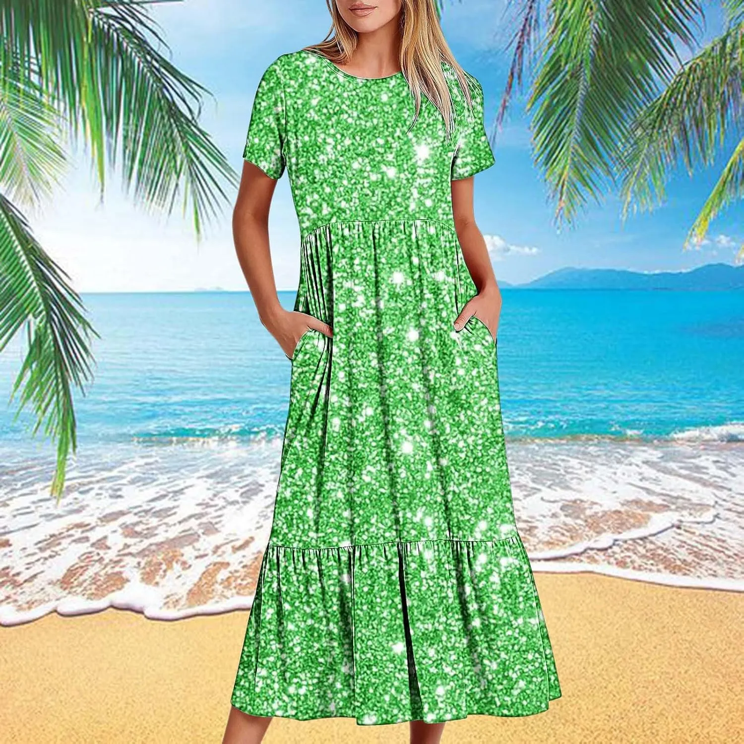 Women Sparkly Printed Cocktail Dresses Tiered Short Sleeve Crew Neck Ruched Elastic Waist Midi Dress with Pockets