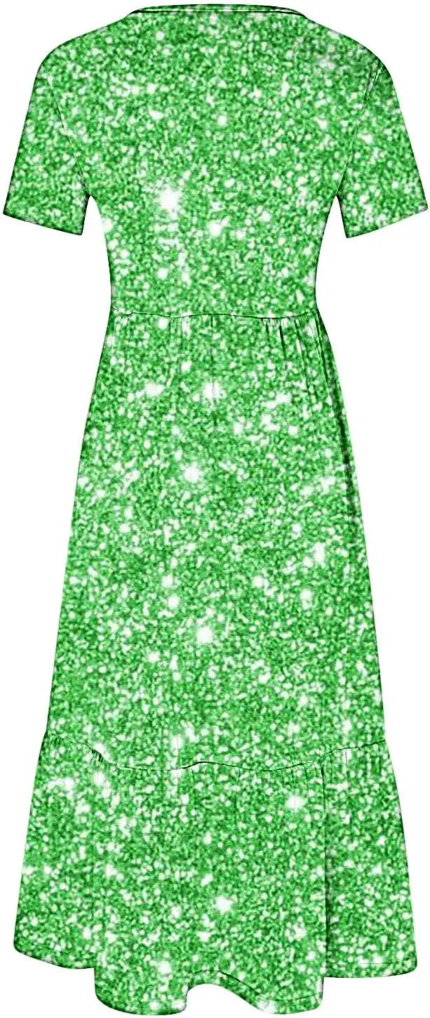 Women Sparkly Printed Cocktail Dresses Tiered Short Sleeve Crew Neck Ruched Elastic Waist Midi Dress with Pockets