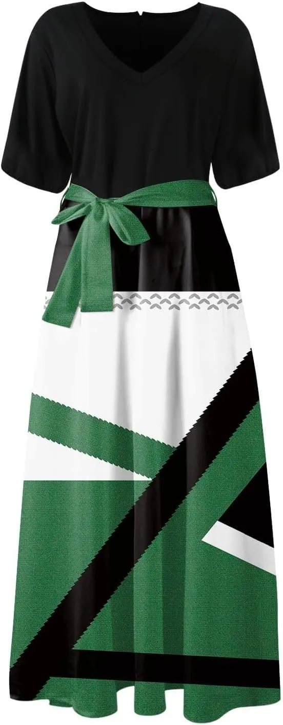 Women Summer Color Block Maxi Dress Vacation Floral Short Sleeve Spring Casual Boho Split Beach Long Flowy Sundress