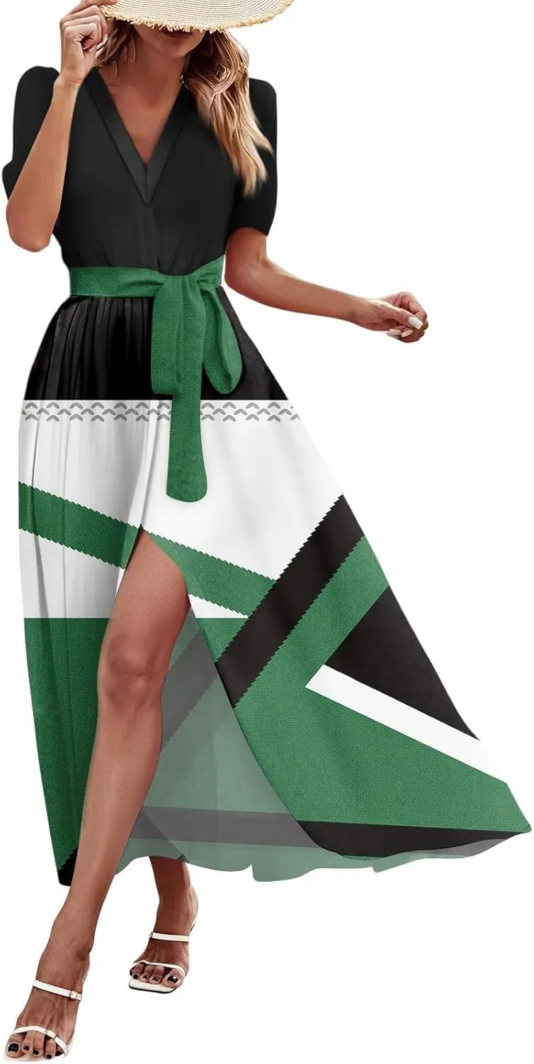 Women Summer Color Block Maxi Dress Vacation Floral Short Sleeve Spring Casual Boho Split Beach Long Flowy Sundress