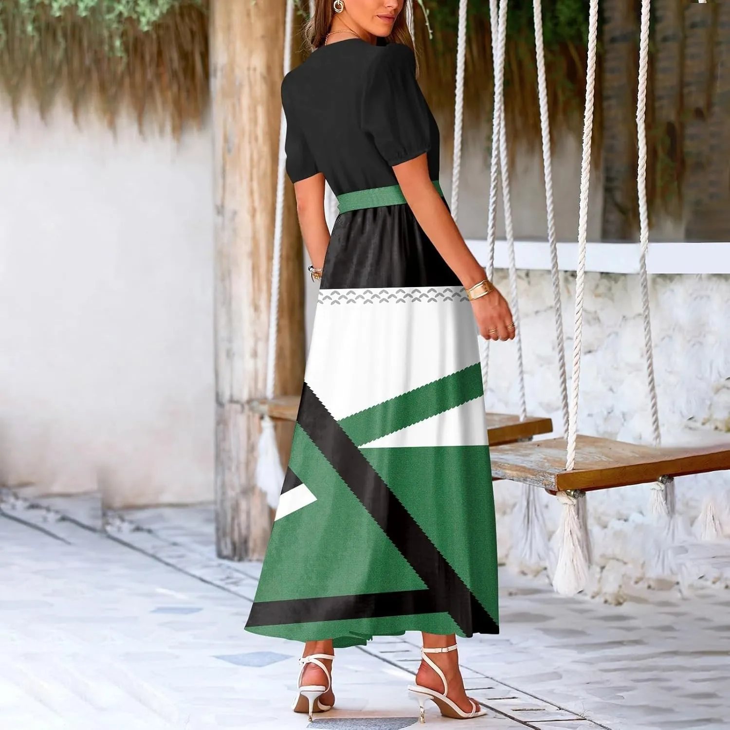 Women Summer Color Block Maxi Dress Vacation Floral Short Sleeve Spring Casual Boho Split Beach Long Flowy Sundress