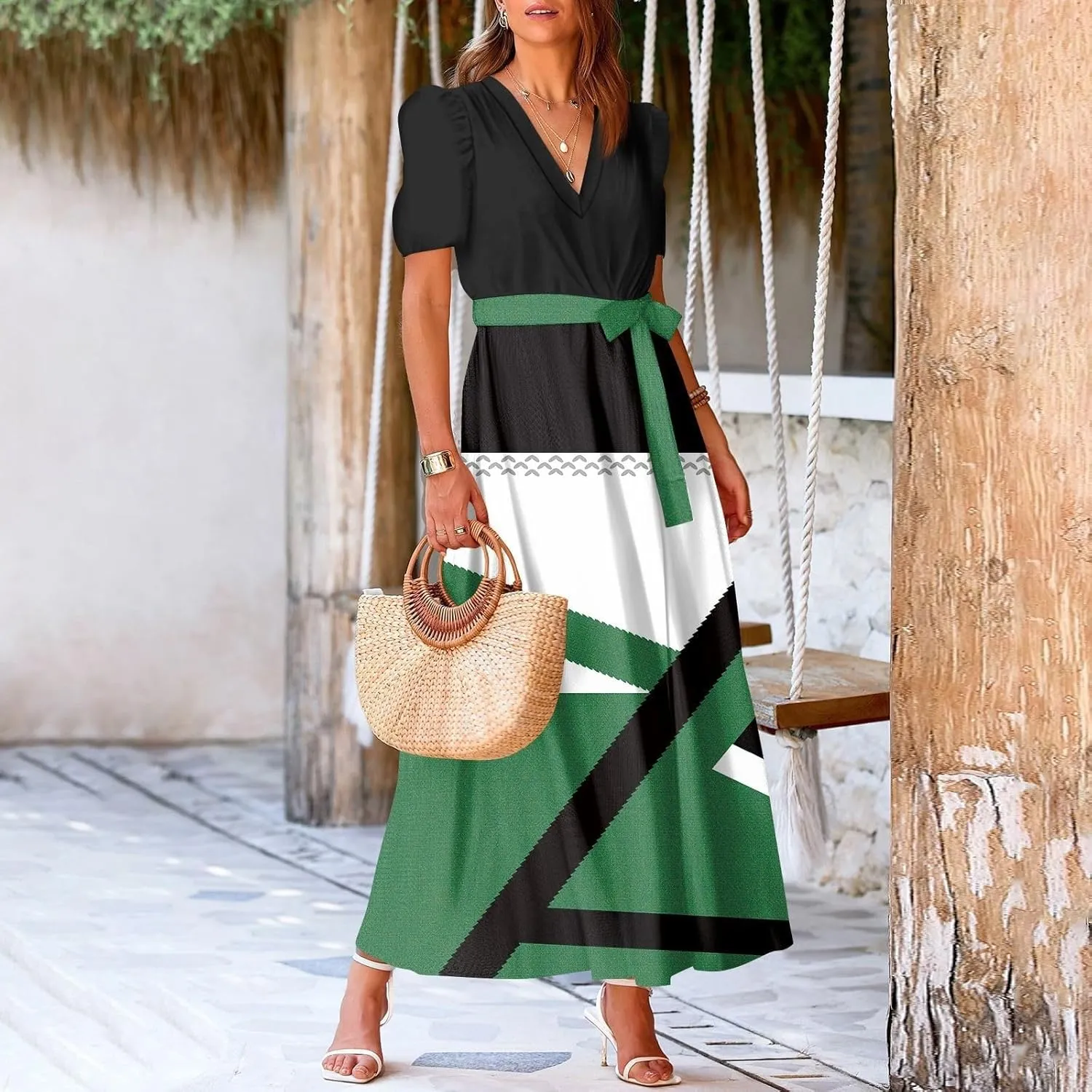 Women Summer Color Block Maxi Dress Vacation Floral Short Sleeve Spring Casual Boho Split Beach Long Flowy Sundress