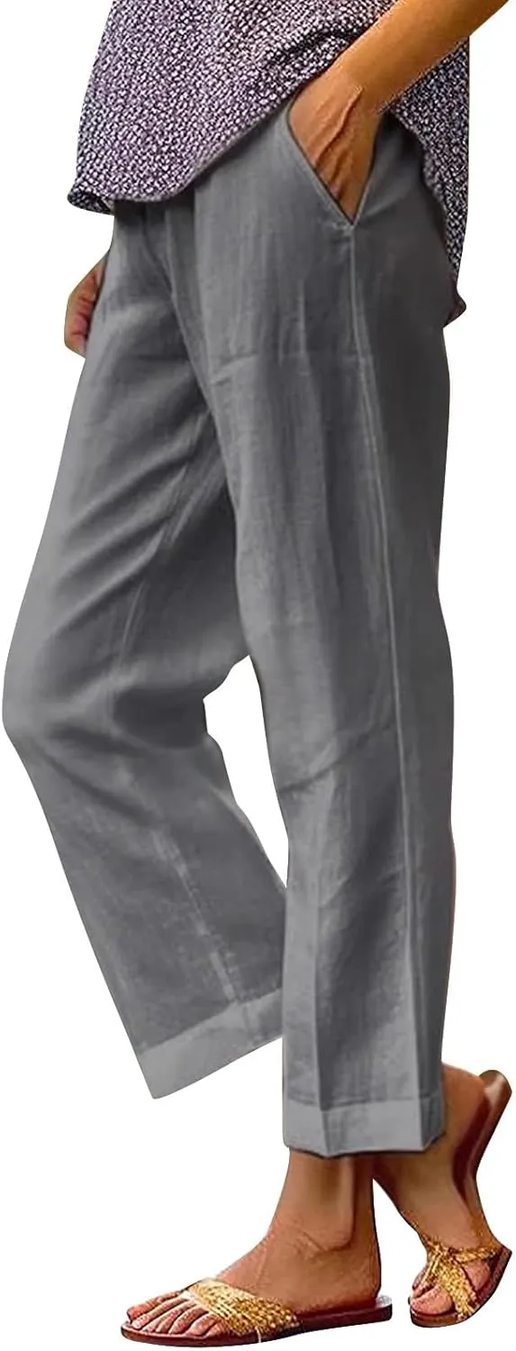 Women Summer Linen Pants Straight Leg Beach Vacation Comfy Baggy Trousers Dressy Palazzo Lounge Pants with Pockets