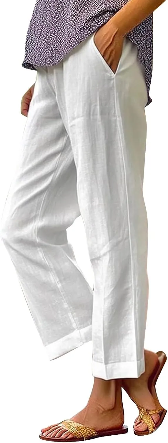 Women Summer Linen Pants Straight Leg Beach Vacation Comfy Baggy Trousers Dressy Palazzo Lounge Pants with Pockets