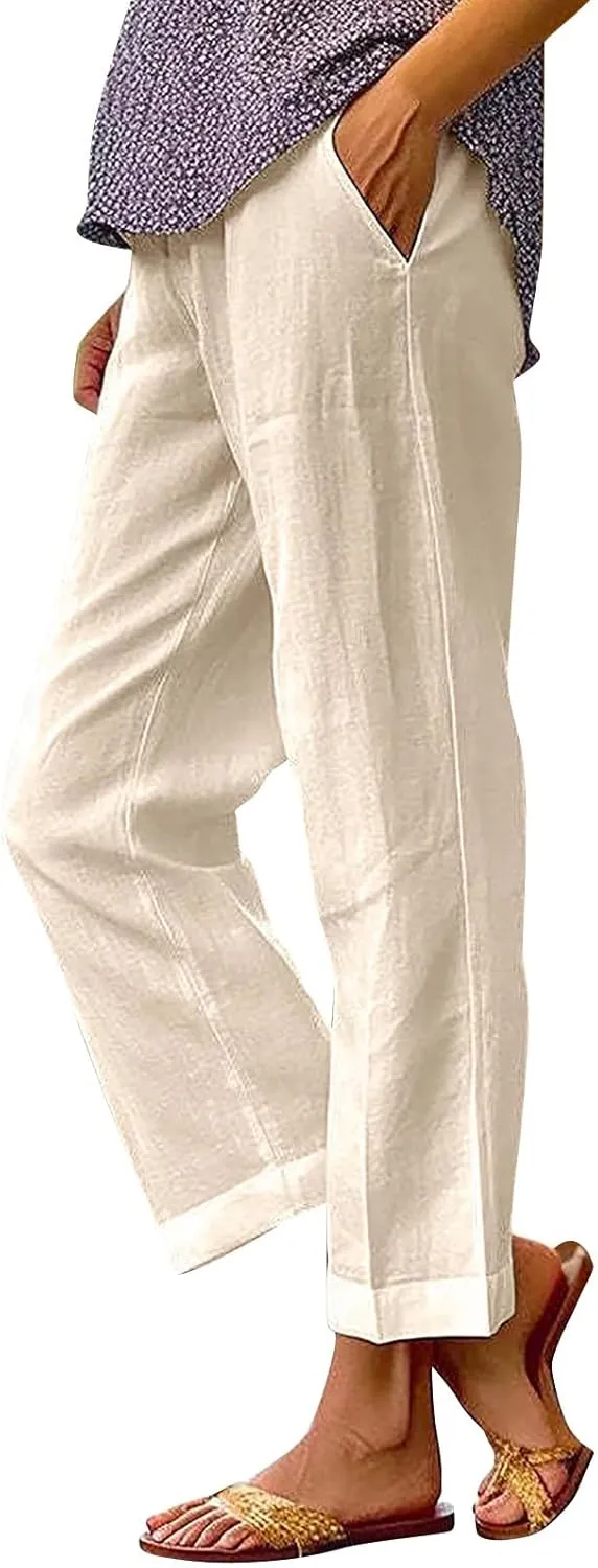Women Summer Linen Pants Straight Leg Beach Vacation Comfy Baggy Trousers Dressy Palazzo Lounge Pants with Pockets