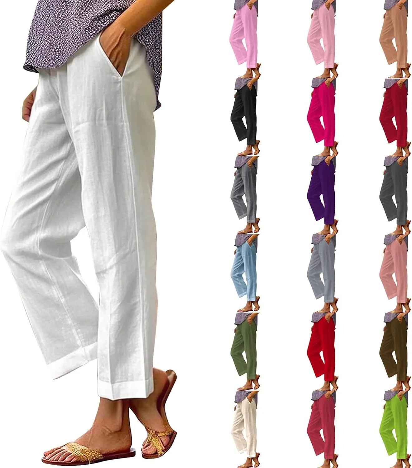 Women Summer Linen Pants Straight Leg Beach Vacation Comfy Baggy Trousers Dressy Palazzo Lounge Pants with Pockets