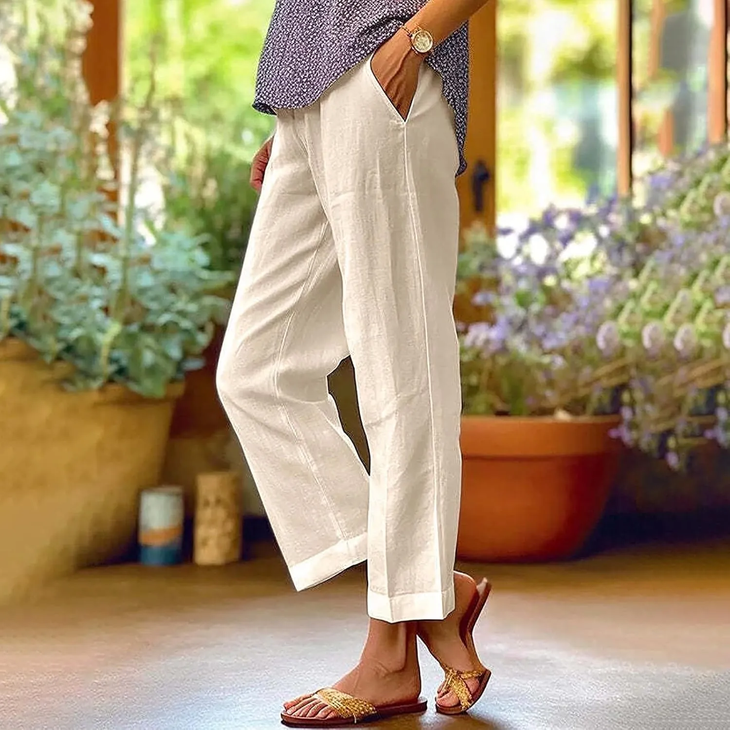 Women Summer Linen Pants Straight Leg Beach Vacation Comfy Baggy Trousers Dressy Palazzo Lounge Pants with Pockets