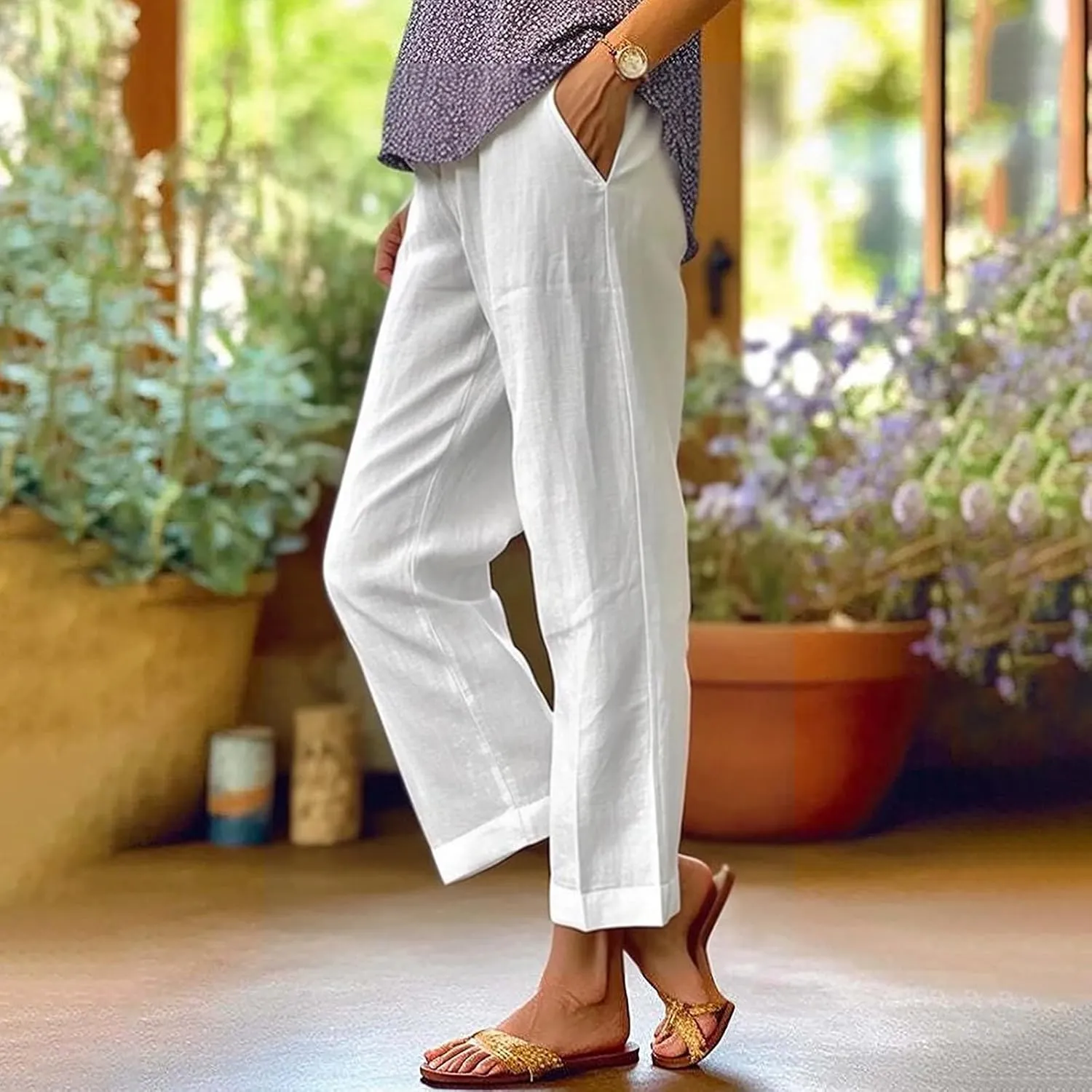 Women Summer Linen Pants Straight Leg Beach Vacation Comfy Baggy Trousers Dressy Palazzo Lounge Pants with Pockets