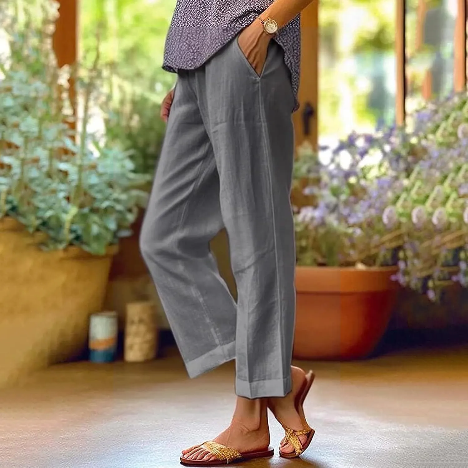 Women Summer Linen Pants Straight Leg Beach Vacation Comfy Baggy Trousers Dressy Palazzo Lounge Pants with Pockets