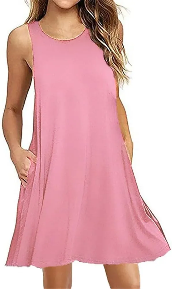 Women Summer Loose Flowy Beach Dress Sleeveless Round Neck Solid Soft Party Dresses