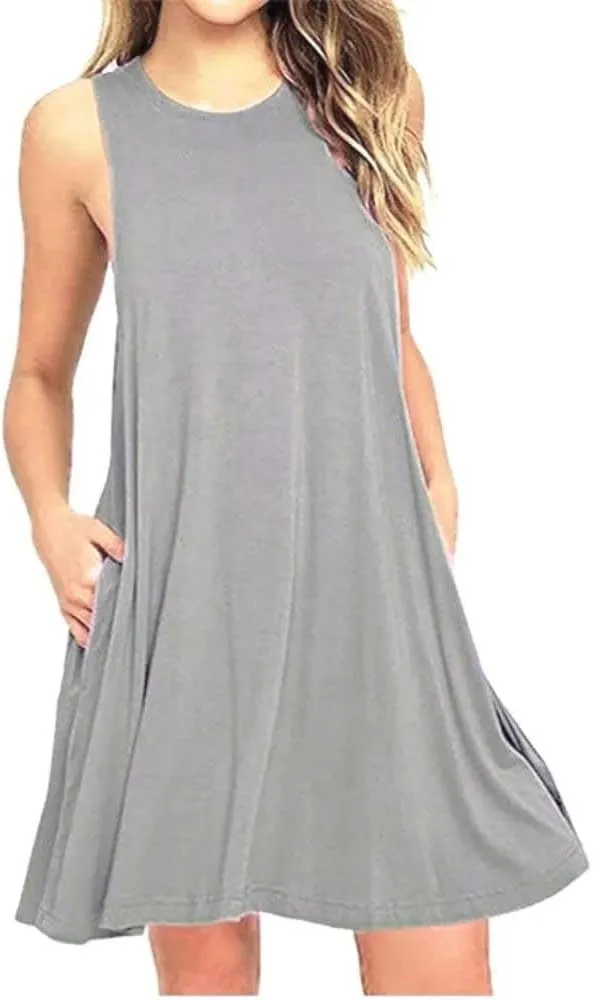 Women Summer Loose Flowy Beach Dress Sleeveless Round Neck Solid Soft Party Dresses