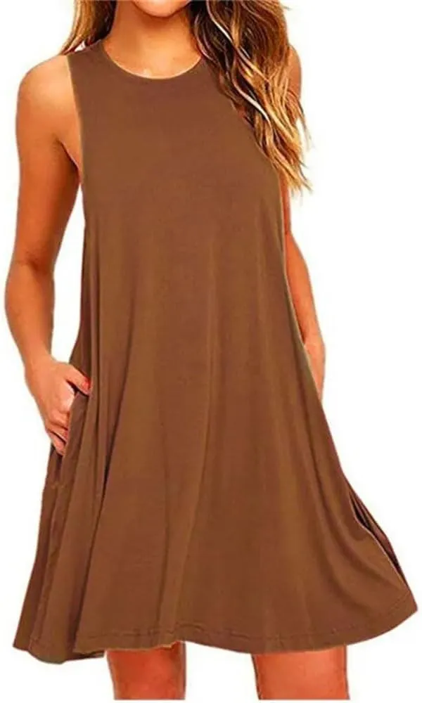 Women Summer Loose Flowy Beach Dress Sleeveless Round Neck Solid Soft Party Dresses