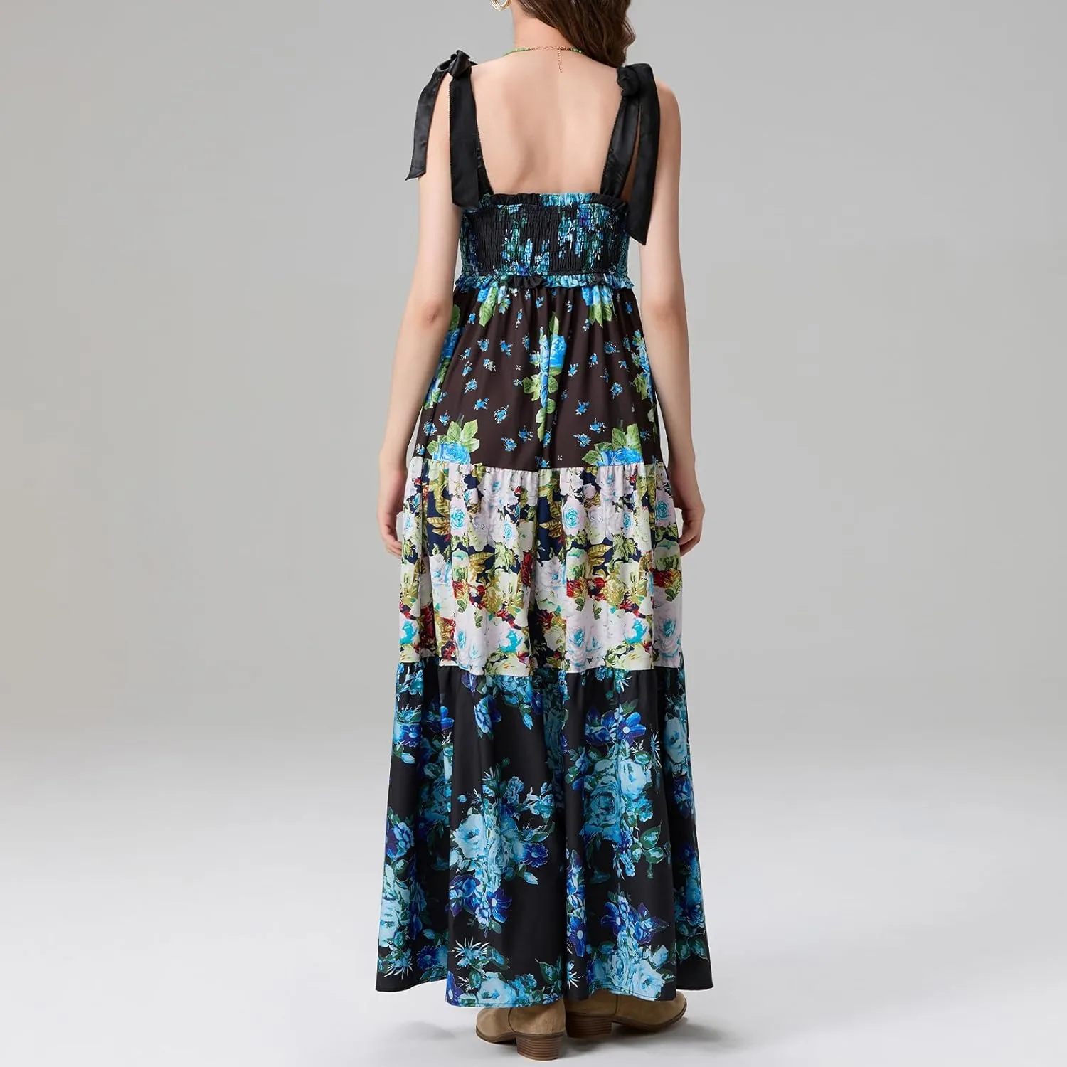 Women Summer Maxi Dress Floral Smocked Shirred Long Dress Boho Sleeveless Tie Shoulder Sundress