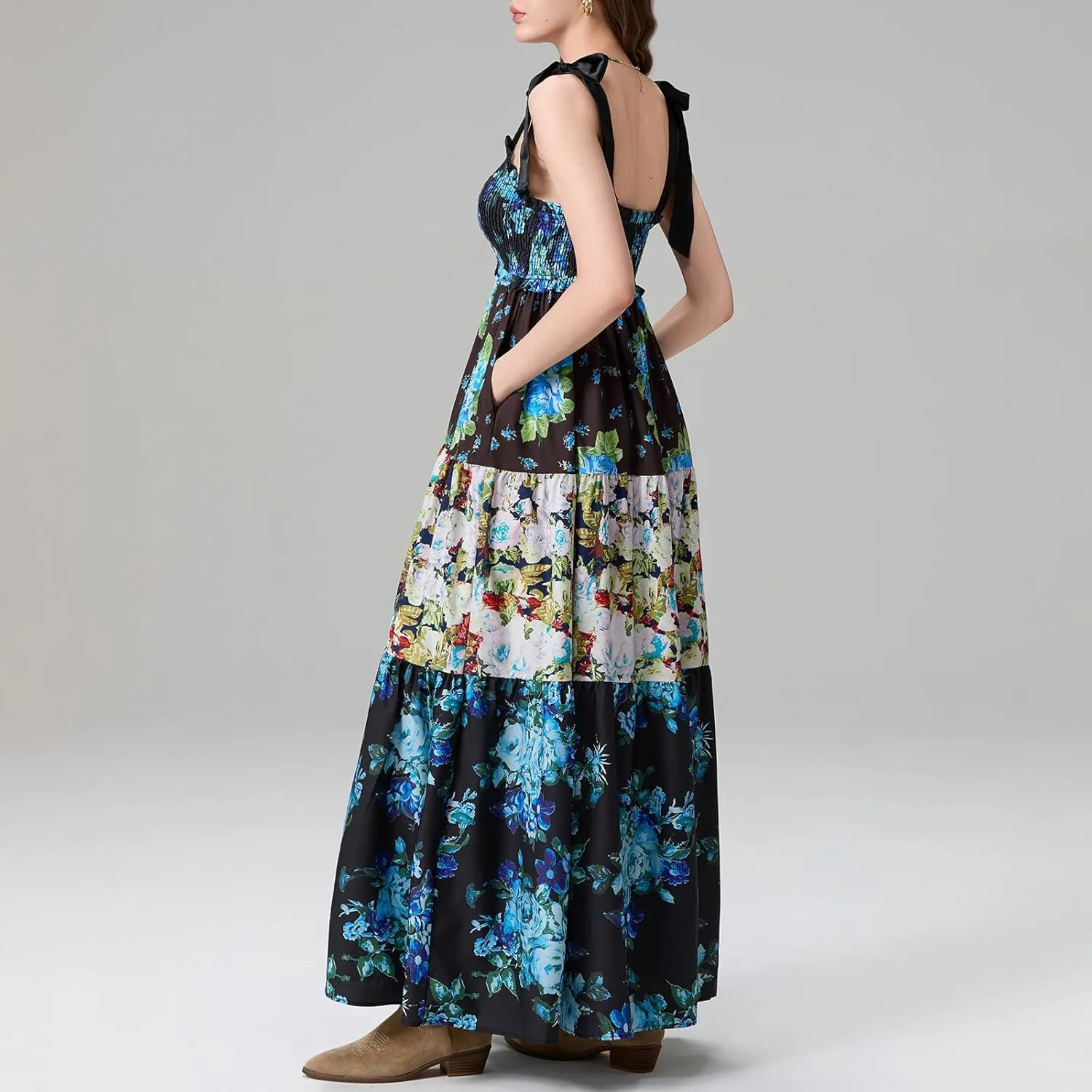 Women Summer Maxi Dress Floral Smocked Shirred Long Dress Boho Sleeveless Tie Shoulder Sundress